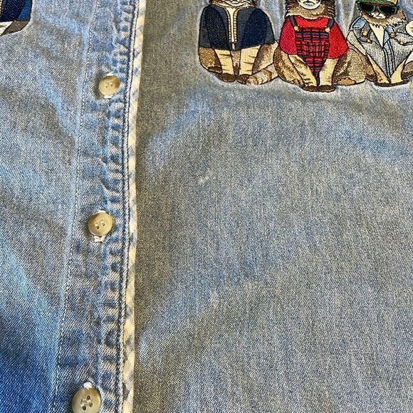 90s Cottage Cat Embroidered Cool Shirt Denim Granny Large Jean Blue Catlady - Picture 15 of 16